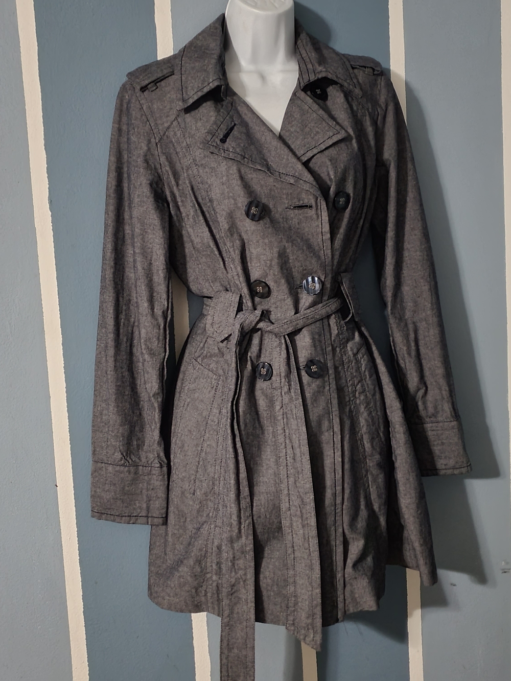 Tommy Hilfiger Gray Double-Breasted Trench Coat with Belt